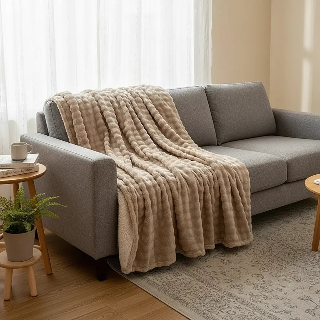 Plaid Pilou Pilou marron sur canapé 