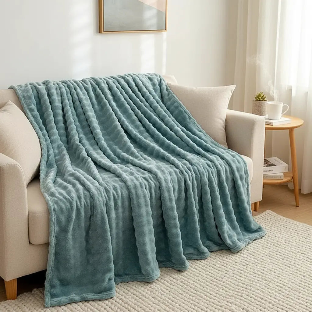 Plaid Pilou Pilou bleu glacier sur canapé 