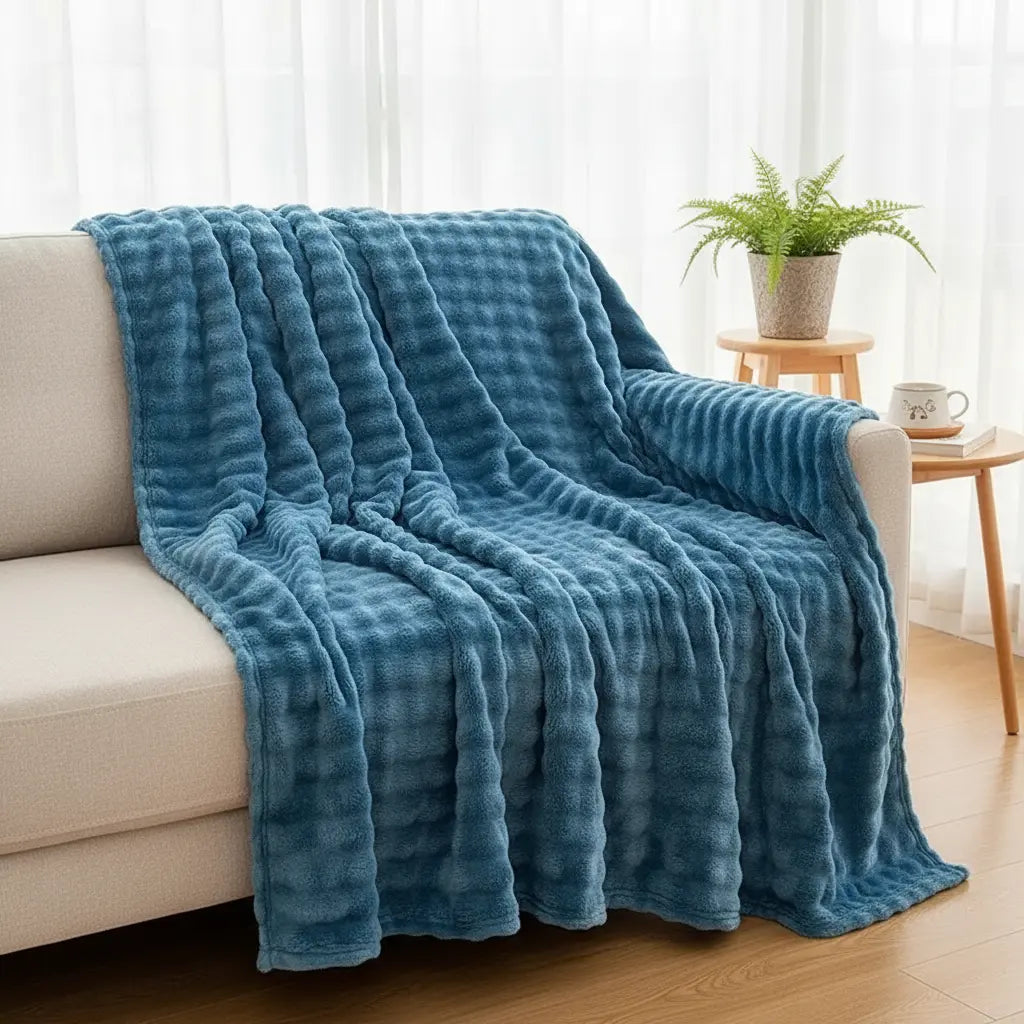 Plaid Pilou Pilou bleu nuit sur canapé 