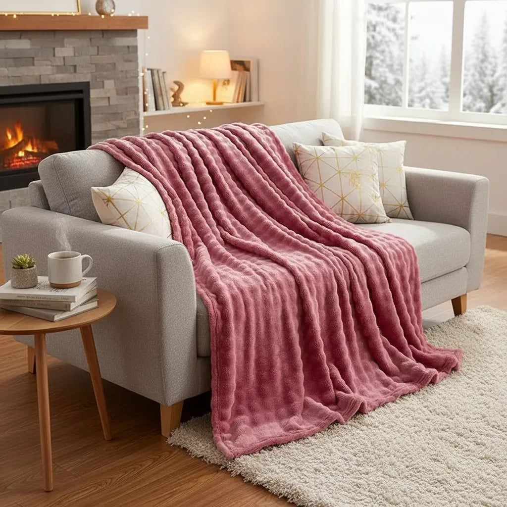 Plaid Pilou Pilou framboise sur canapé