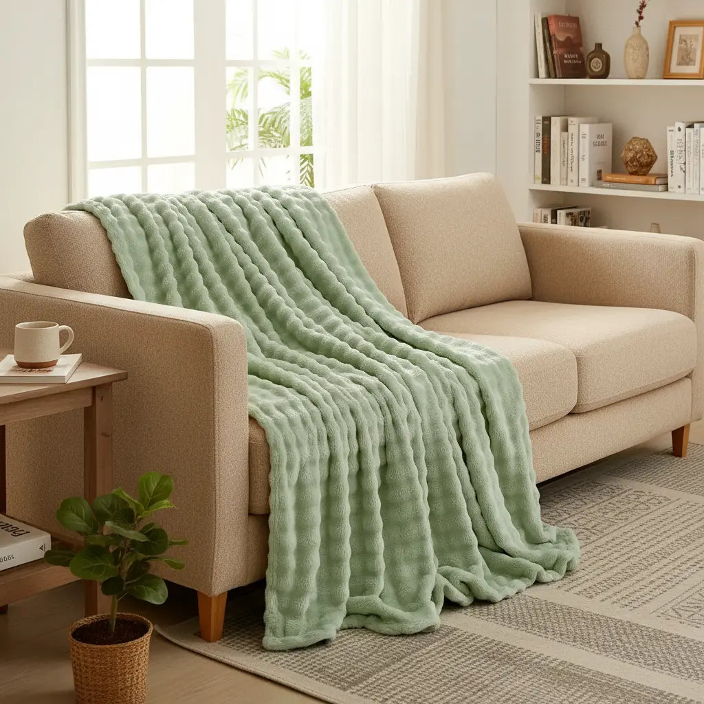 Plaid Pilou Pilou vert sur canapé 